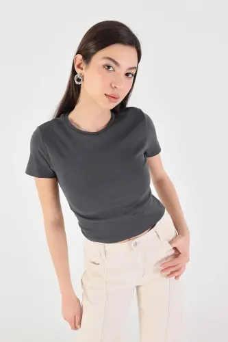 Bisiklet Yaka Basic T-shirt P15686-T8 - Antrasit - 4
