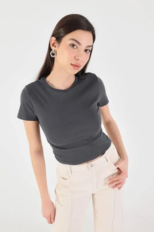 Bisiklet Yaka Basic T-shirt P15686-T8 - Antrasit - 4