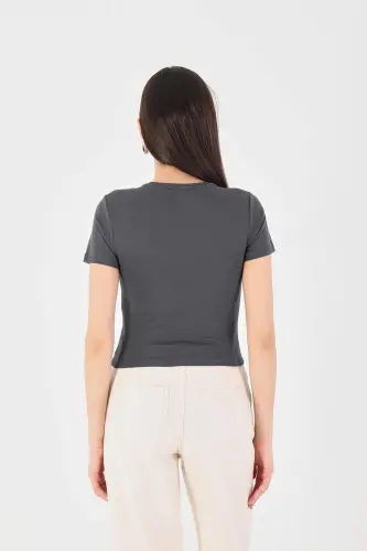 Bisiklet Yaka Basic T-shirt P15686-T8 - Antrasit - 5