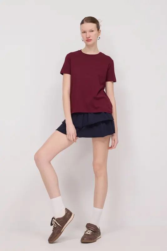 Bisiklet Yaka Basic T-shirt P4322-Bordo - ADDAX