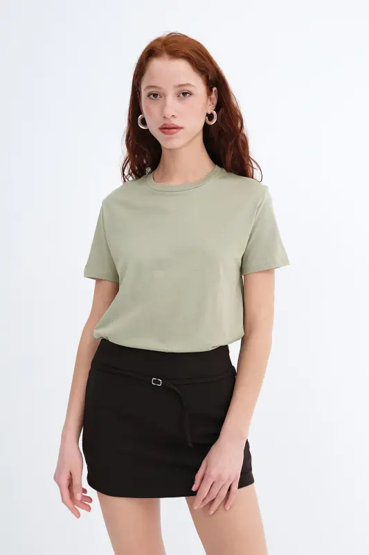 Bisiklet Yaka Basic T-shirt P4322-W5 - Haki - ADDAX