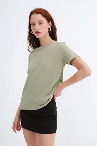 Bisiklet Yaka Basic T-shirt P4322-W5 - Haki - ADDAX (1)