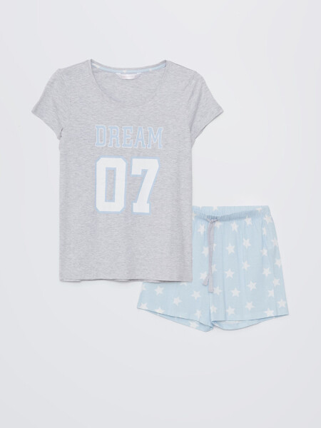 Mavi Bisiklet Yaka Baskılı Kısa Kollu Kadın Şortlu Pijama Takımı-Mavi - 6