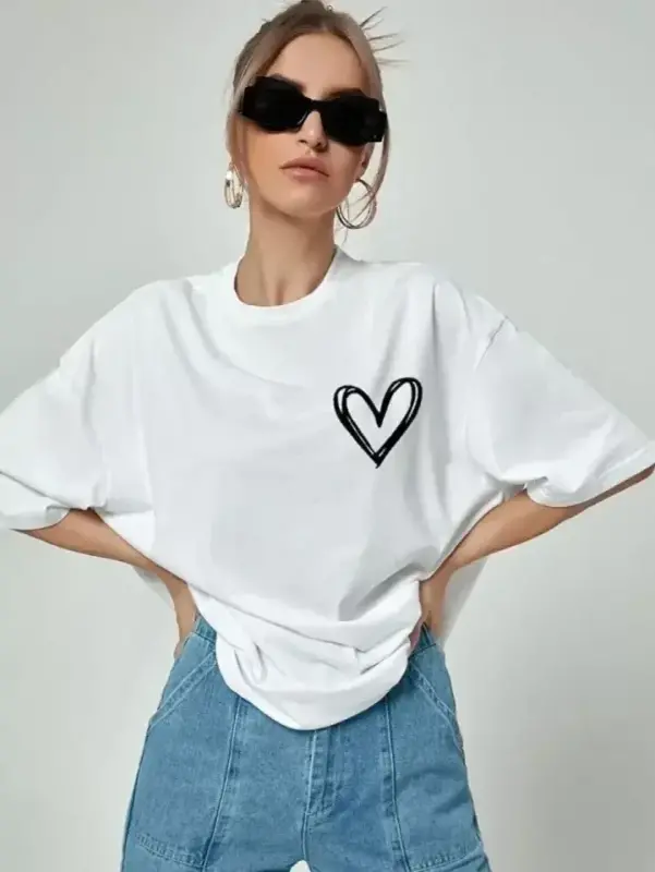 Bisiklet Yaka Baskılı Oversize T-Shirt - Beyaz - BÜYÜKBEDENIZ