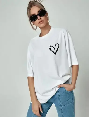 Bisiklet Yaka Baskılı Oversize T-Shirt - Beyaz - BÜYÜKBEDENIZ (1)