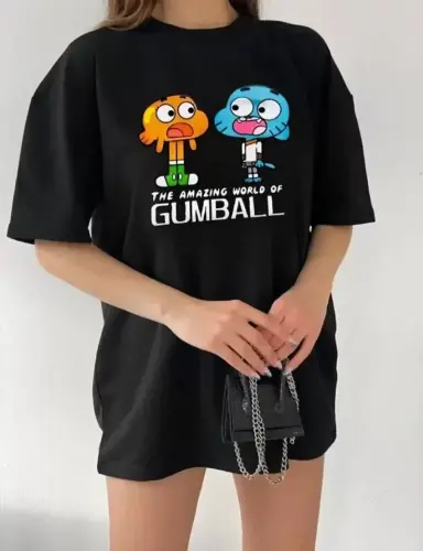 Bisiklet Yaka Baskılı Oversize T-Shirt - Siyah - 2