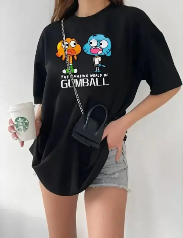 Bisiklet Yaka Baskılı Oversize T-Shirt - Siyah - BÜYÜKBEDENIZ