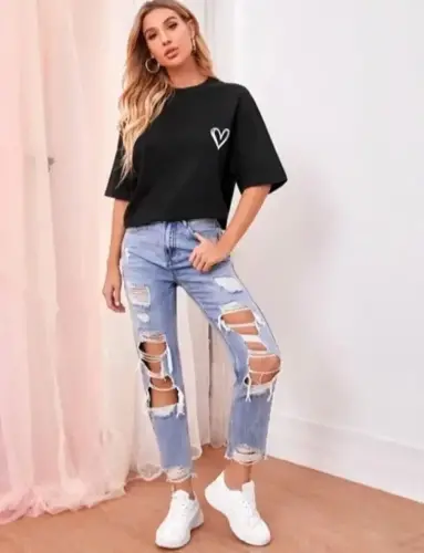 Bisiklet Yaka Baskılı Oversize T-Shirt - Siyah - BÜYÜKBEDENIZ (1)