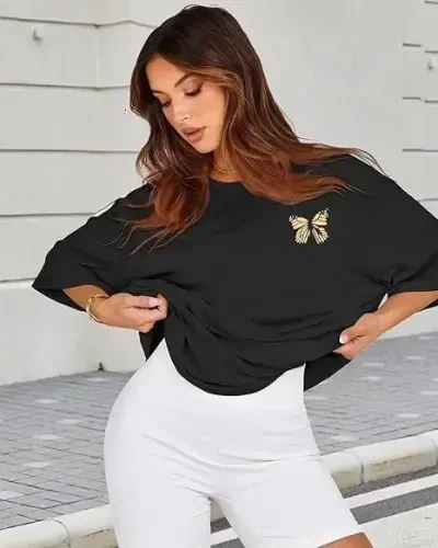 Bisiklet Yaka Baskılı T-shirt - Siyah - 1