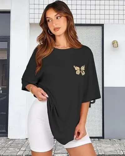 Bisiklet Yaka Baskılı T-shirt - Siyah - 2