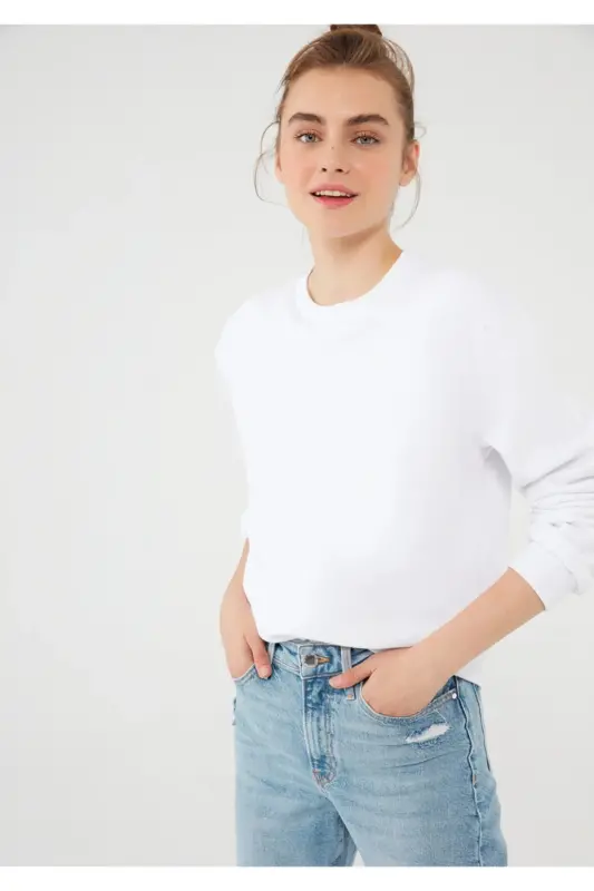 Bisiklet Yaka Beyaz Basic Sweatshirt 1610198-26620-Beyaz - 2