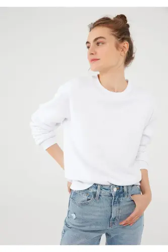 Bisiklet Yaka Beyaz Basic Sweatshirt 1611770-70444-620-Beyaz - 1
