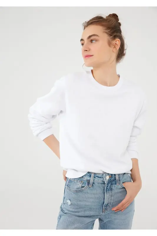Bisiklet Yaka Beyaz Basic Sweatshirt 1611770-70444-620-Beyaz - 1