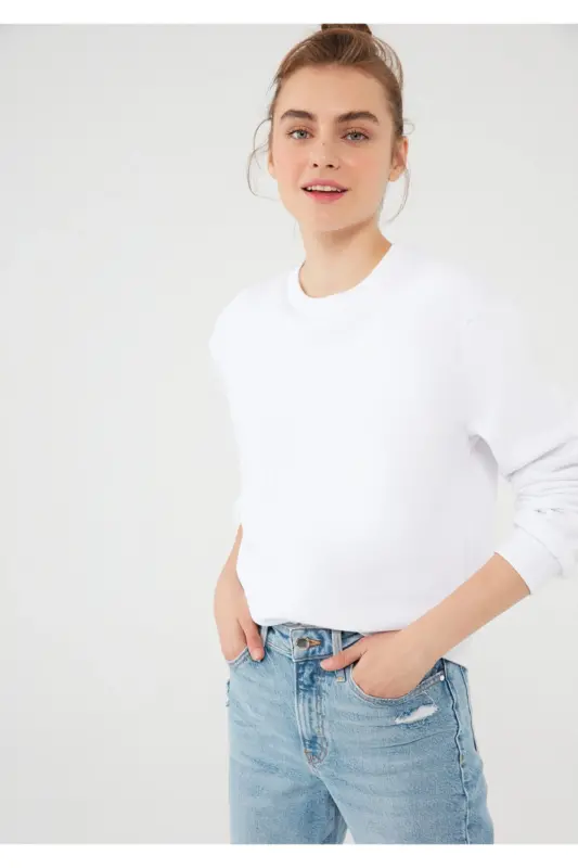 Bisiklet Yaka Beyaz Sweatshirt 8816126-620 - Beyaz-620 - 2