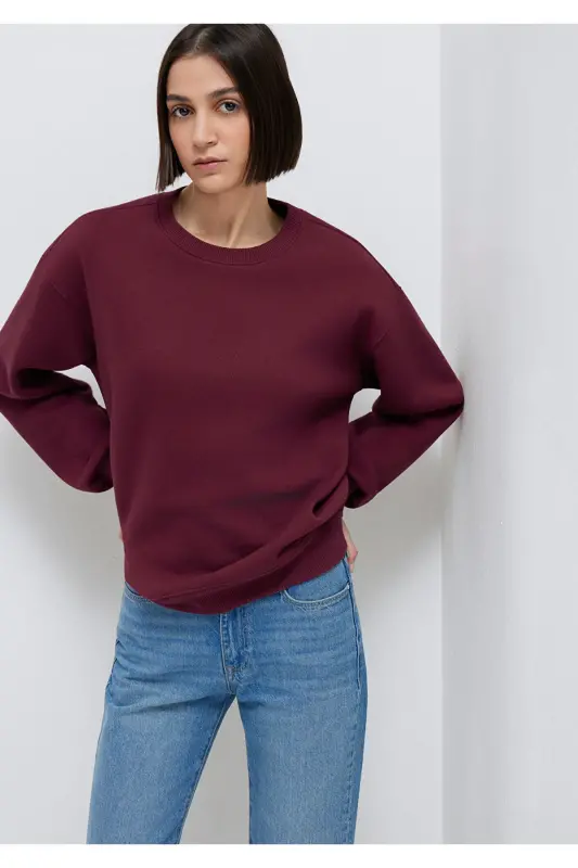 Bisiklet Yaka Bordo Basic Sweatshirt 1610198-70415-Bordo - 2