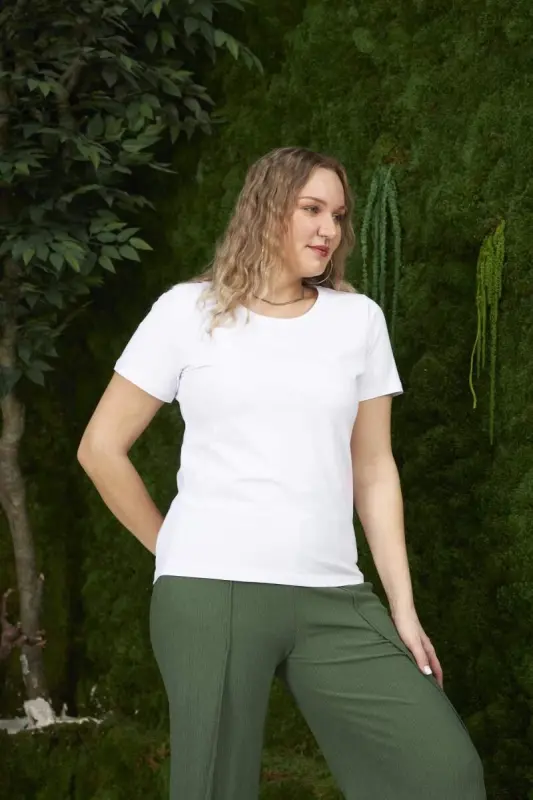 Bisiklet Yaka Büyük Beden Beyaz Tişört - 2