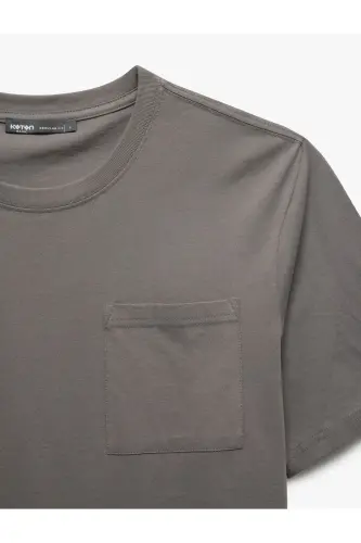 Bisiklet Yaka Cepli Regular Fit Pamuklu Kısa Kollu Erkek Basic Tişört - Gri - 3