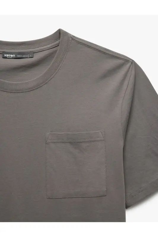 Bisiklet Yaka Cepli Regular Fit Pamuklu Kısa Kollu Erkek Basic Tişört - Gri - 3