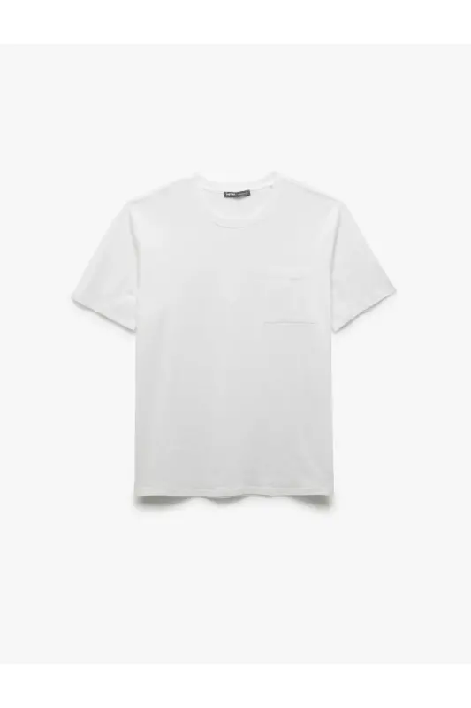 Bisiklet Yaka Cepli Regular Fit Pamuklu Kısa Kollu Erkek Basic Tişört-Beyaz - 1