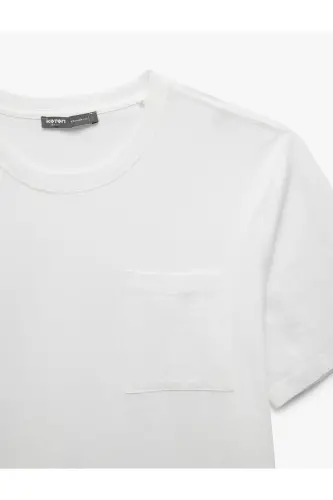 Bisiklet Yaka Cepli Regular Fit Pamuklu Kısa Kollu Erkek Basic Tişört-Beyaz - 3