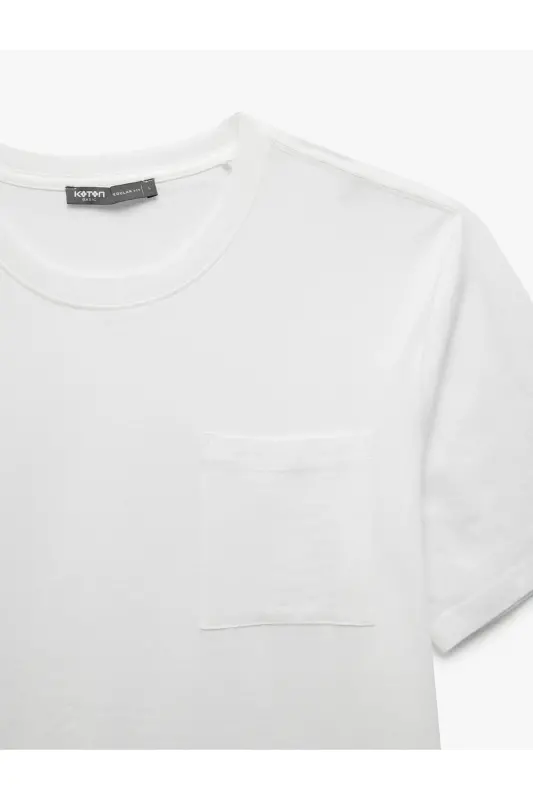 Bisiklet Yaka Cepli Regular Fit Pamuklu Kısa Kollu Erkek Basic Tişört-Beyaz - 3