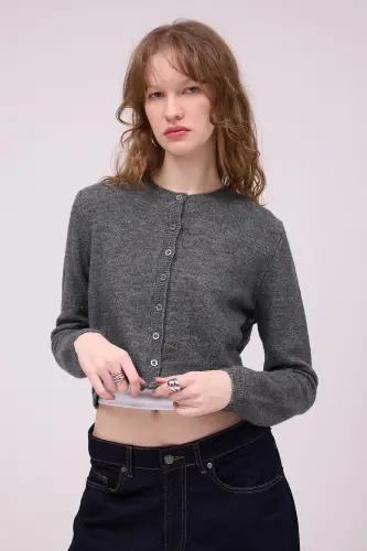 Bisiklet Yaka Düğmeli Triko Hırka H3364-A10-Antrasit - 3