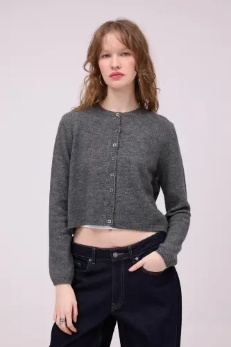 Bisiklet Yaka Düğmeli Triko Hırka H3364-A10-Antrasit - 4