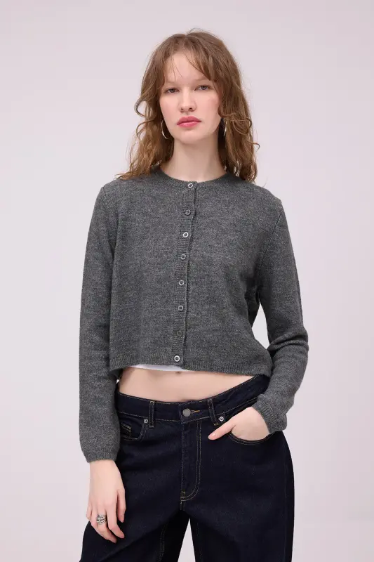 Bisiklet Yaka Düğmeli Triko Hırka H3364-A10-Antrasit - 4