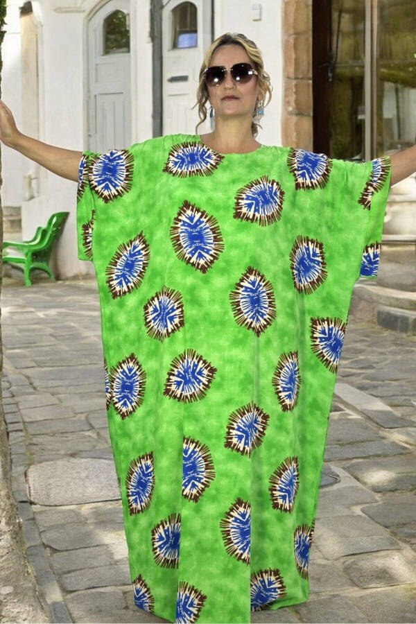 BİSİKLET YAKA DÜŞÜK KOL EKSTRA BÜYÜK BEDEN PAMUKLU VİSKON BÜYÜK BEDEN ELBİSE 58-64 BEDEN-Yeşil - 1