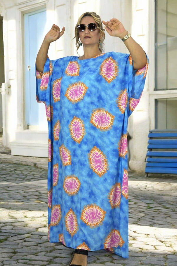 BİSİKLET YAKA DÜŞÜK KOL EKSTRA BÜYÜK BEDEN PAMUKLU VİSKON BÜYÜK BEDEN ELBİSE 58-64 BEDEN-Mavi - 1