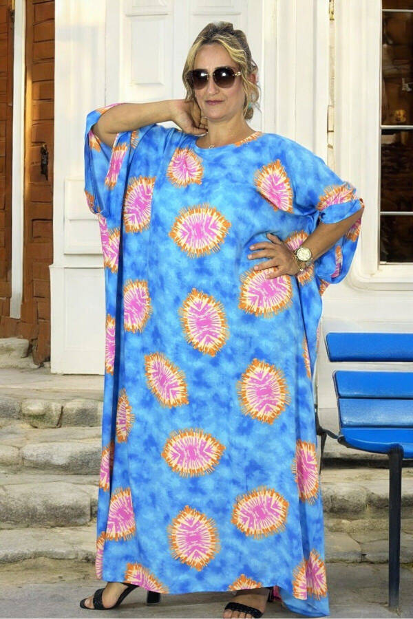 BİSİKLET YAKA DÜŞÜK KOL EKSTRA BÜYÜK BEDEN PAMUKLU VİSKON BÜYÜK BEDEN ELBİSE 58-64 BEDEN-Mavi - 2