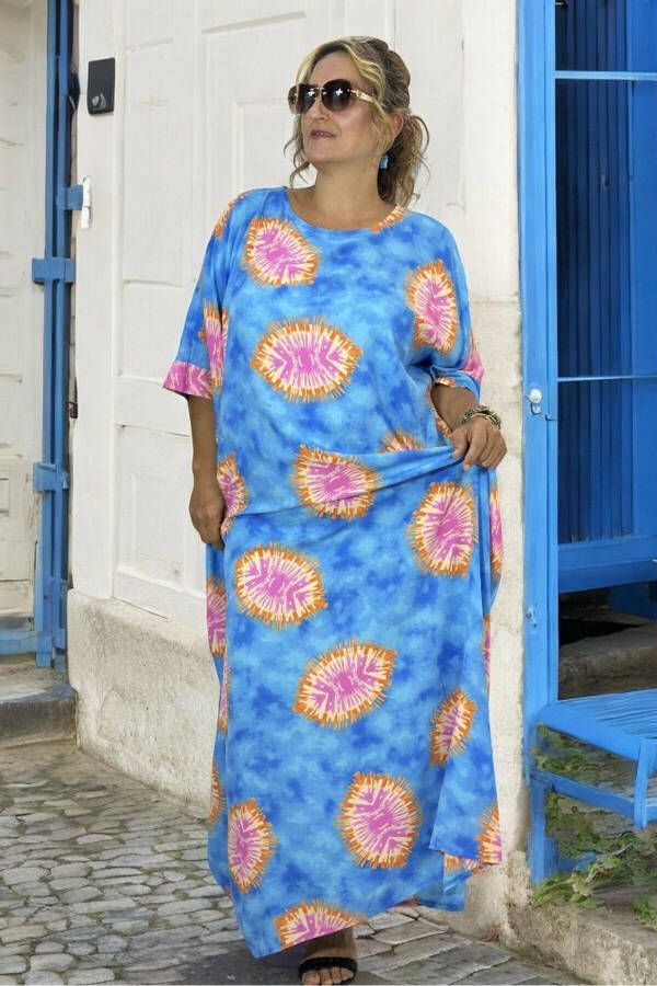 BİSİKLET YAKA DÜŞÜK KOL EKSTRA BÜYÜK BEDEN PAMUKLU VİSKON BÜYÜK BEDEN ELBİSE 58-64 BEDEN-Mavi - 4