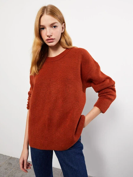 Bisiklet Yaka Düz Uzun Kollu Kadın Triko Kazak-Kahverengi - Modazone