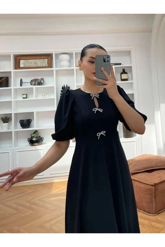 Bisiklet Yaka Fiyonk Aksesuar Detaylı Balon Kol El - NIDAFASHION