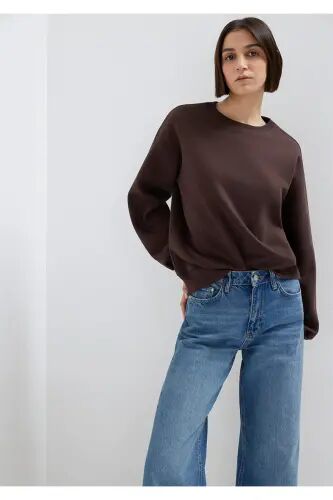 Bisiklet Yaka Kahverengi Sweatshirt 1610198-70240 - Kahverengi - Mavi (1)