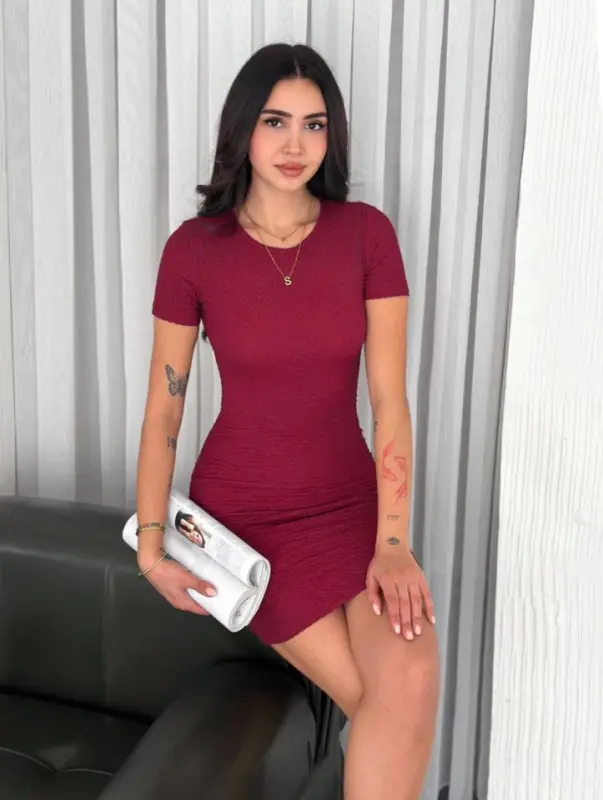Bisiklet Yaka Kısa Kol Likralı Elbise - Bordo - BÜYÜKBEDENIZ