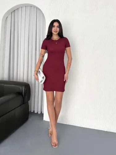 Bisiklet Yaka Kısa Kol Likralı Elbise - Bordo - 2