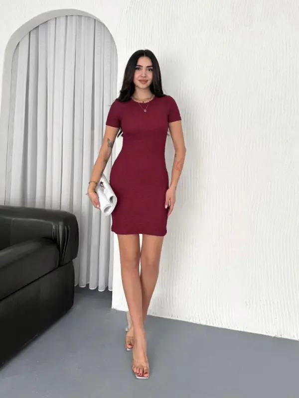 Bisiklet Yaka Kısa Kol Likralı Elbise - Bordo - 2