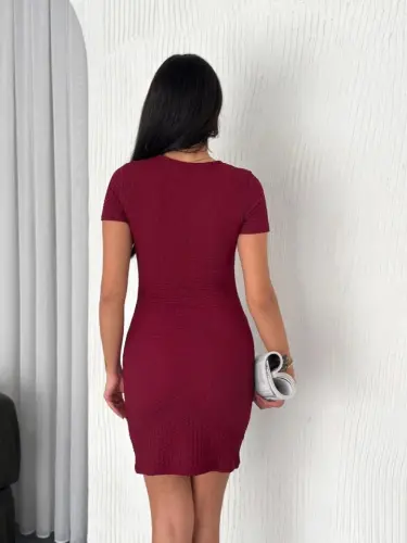Bisiklet Yaka Kısa Kol Likralı Elbise - Bordo - 3
