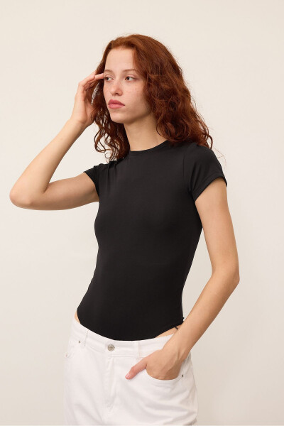 Bisiklet Yaka Kısa Kollu Bodysuit Z24-0043-H8 - Siyah - 2