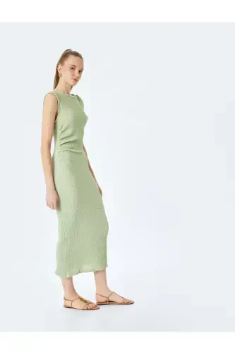 Bisiklet Yaka Kolsuz Slim Fit Dokulu Drapeli Uzun Elbise Bürümcük - 2