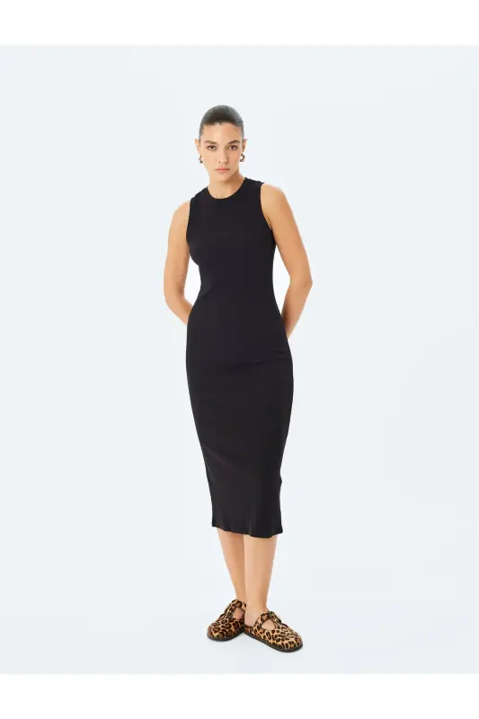 Bisiklet Yaka Kolsuz Slim Fit Midi Kalem Elbise - Siyah - 3