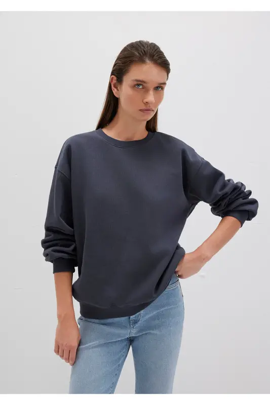 Bisiklet Yaka Lacivert Basic Sweatshirt 1610198-70726 - Körfez Mavisi Kareli-70726 - 1