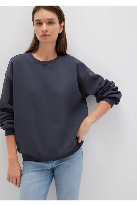 Bisiklet Yaka Lacivert Basic Sweatshirt 1610198-70726 - Körfez Mavisi Kareli-70726 - 2