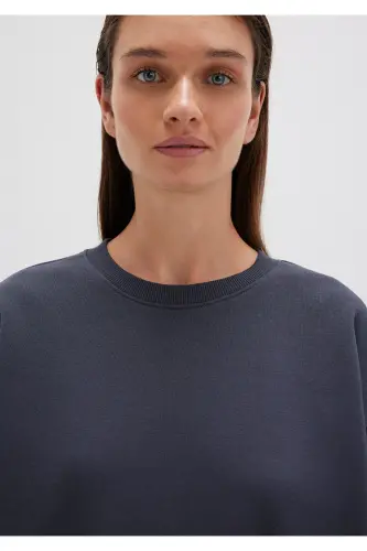 Bisiklet Yaka Lacivert Basic Sweatshirt 1610198-70726 - Körfez Mavisi Kareli-70726 - 5