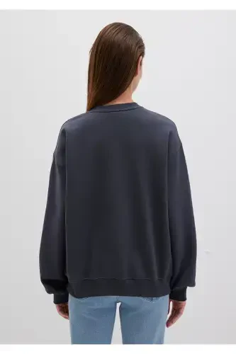 Bısıklet Yaka Lakırdı Bazıs Sweatshirt 1610198-70726-Ko'rfaz Mavısı Karelı - 4