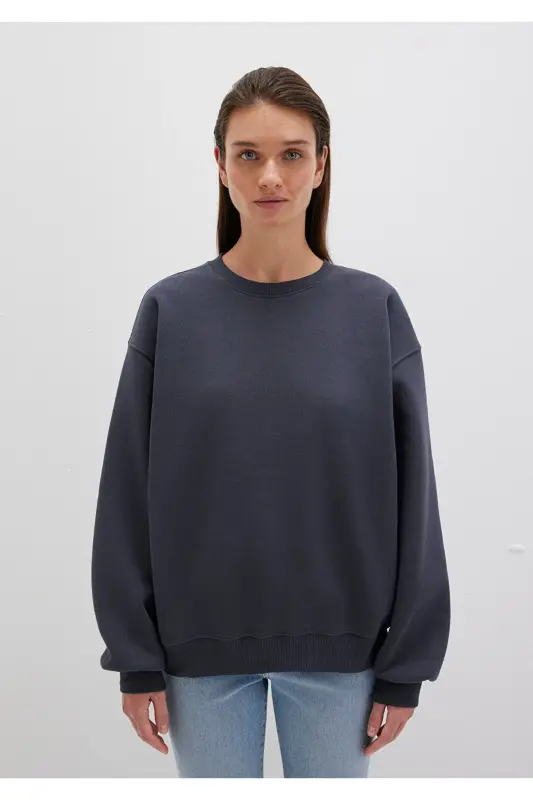 Bısıklet Yaka Lakırdı Bazıs Sweatshirt 1610198-70726-Ko'rfaz Mavısı Karelı - 3