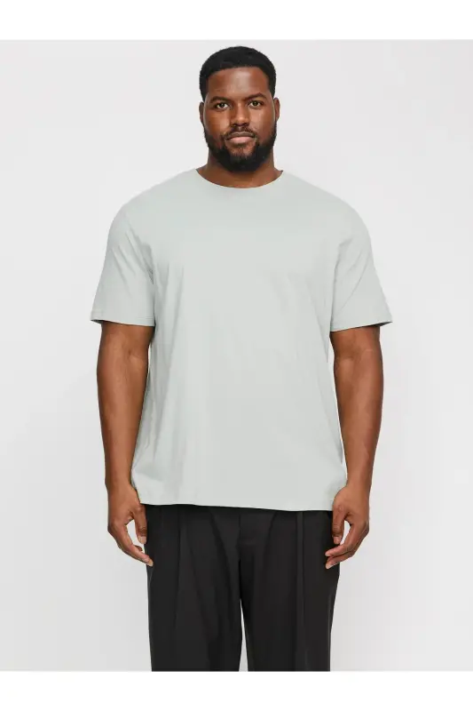 Bisiklet Yaka Logo Baskili Büyük Battal Beden Tisört - açıkgri - JACK & JONES