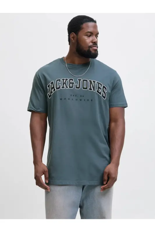 Bisiklet Yaka Logo Baskili Büyük Battal Beden Tisört Plus Mavi - Mavi321123 - JACK & JONES