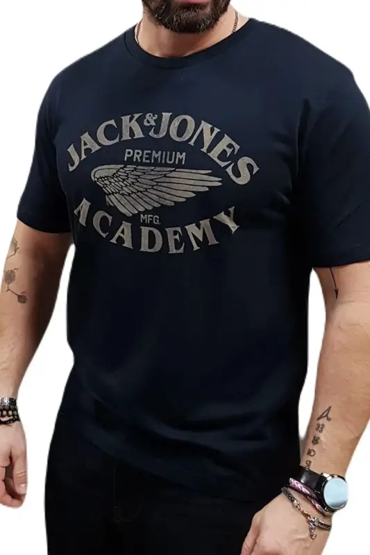 Bisiklet Yaka Logo Baskili Tisört-Lacivert - 4